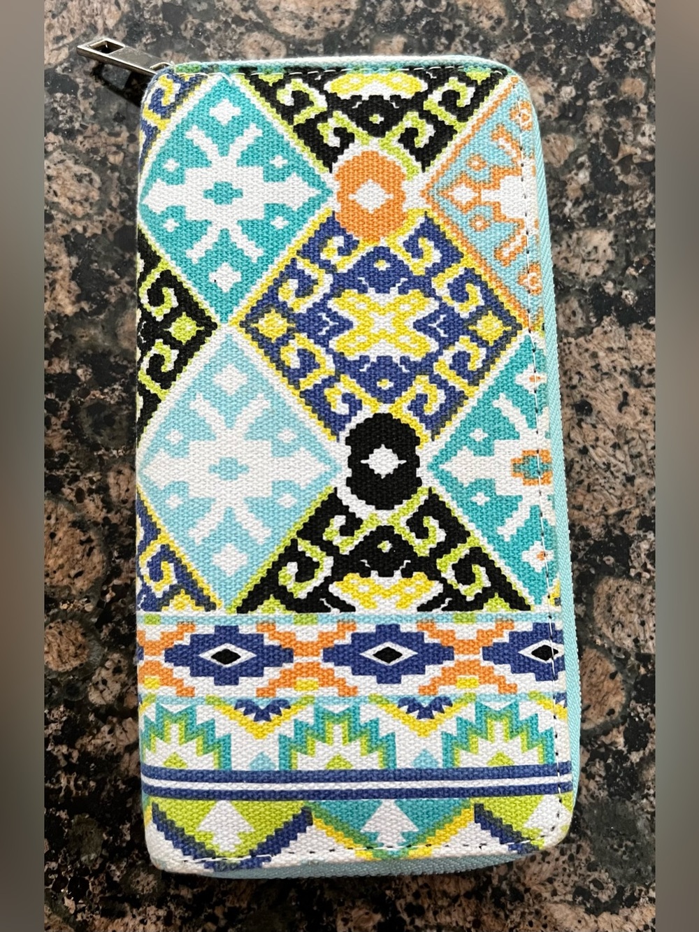 Woven Geometric Southwestern Zip Around Wallet Turquoise Orange Canvas Boho